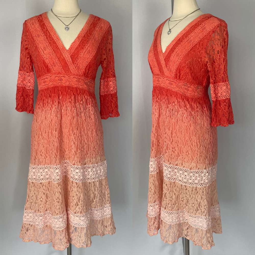 Y2K Lace Dress Size Large Coral Pink Knee Length Coqutte Whimsigoth Fairy Grunge